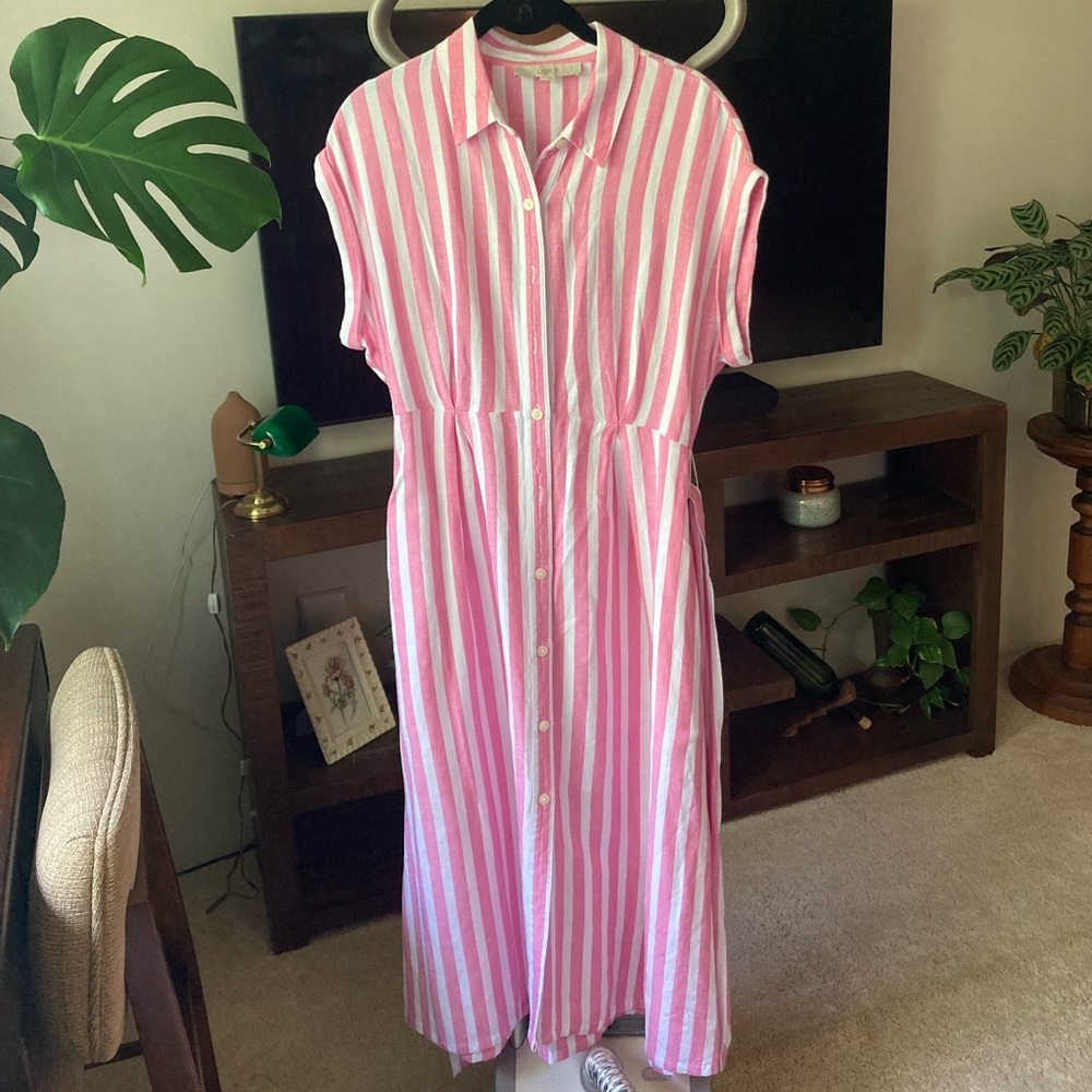 LOFT Pink and White Striped midi Shirt dress w/Pockets & belt
